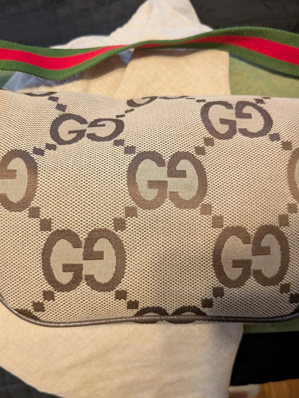 Authentic Gucci Men’s Beige GG Canvas Belt Bag with Green-Red Web